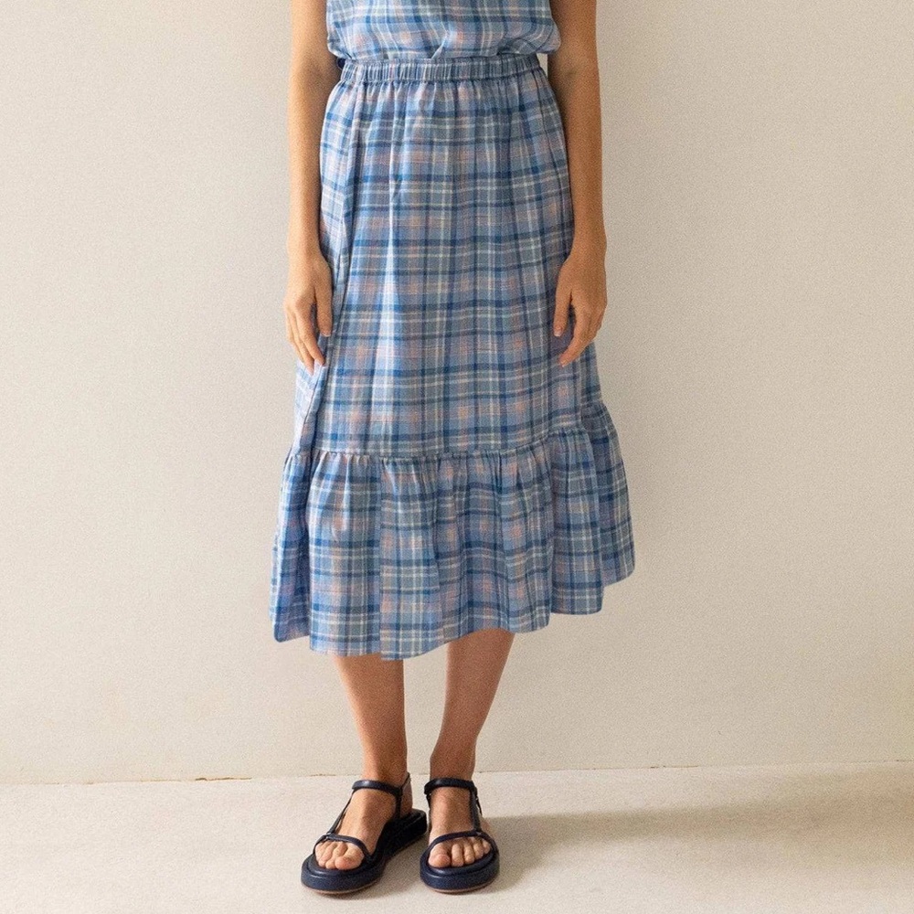 Tiny big sister blue linen plaid skirt - Picture 2 of 7